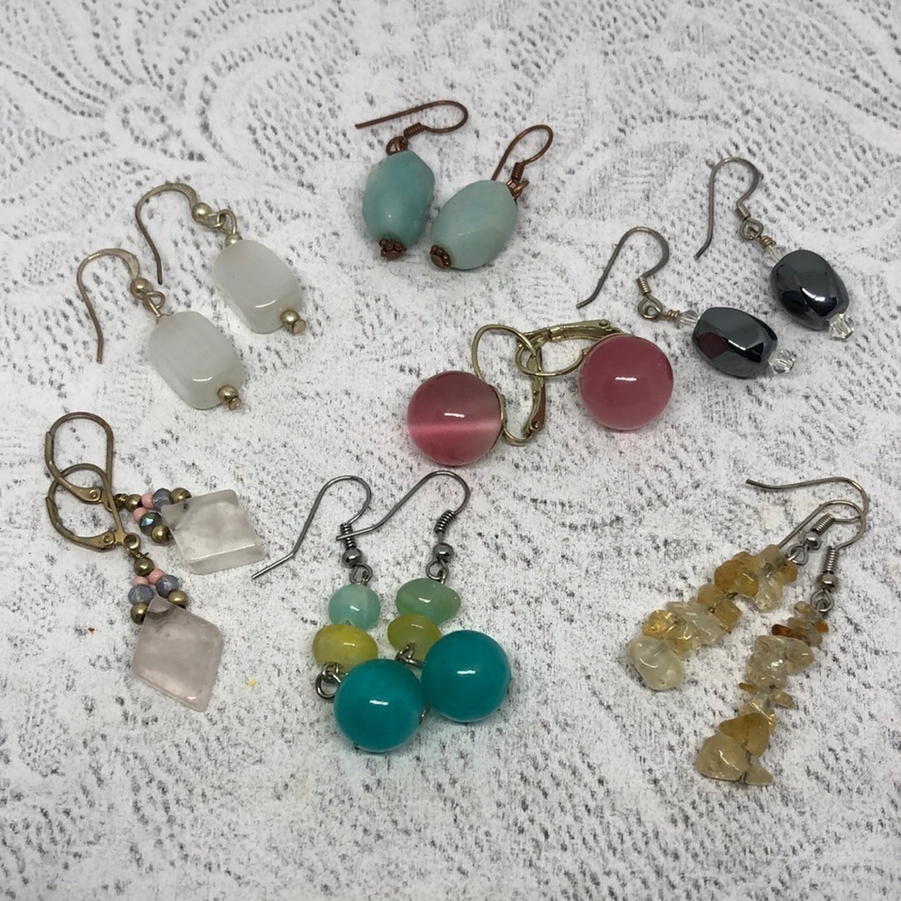 HUGE bundle lot 7 beaded glass/cat's eye gemstone/stone earrings dangle drop.